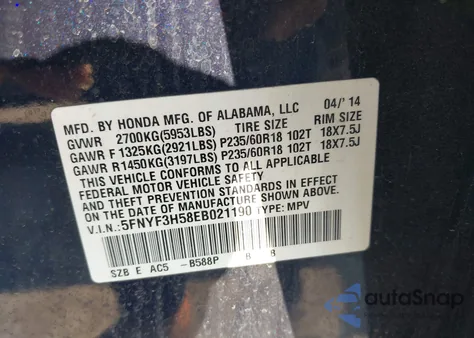 2014 Honda Pilot Ex-L from USA, damaged, VIN 5FNYF3H58EB021190